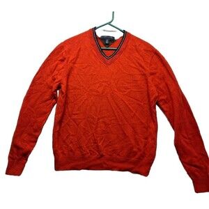 Tommy Hilfiger Sweater Mens XL Orange Lambs Wool Knit Pullover V-Neck Y2K